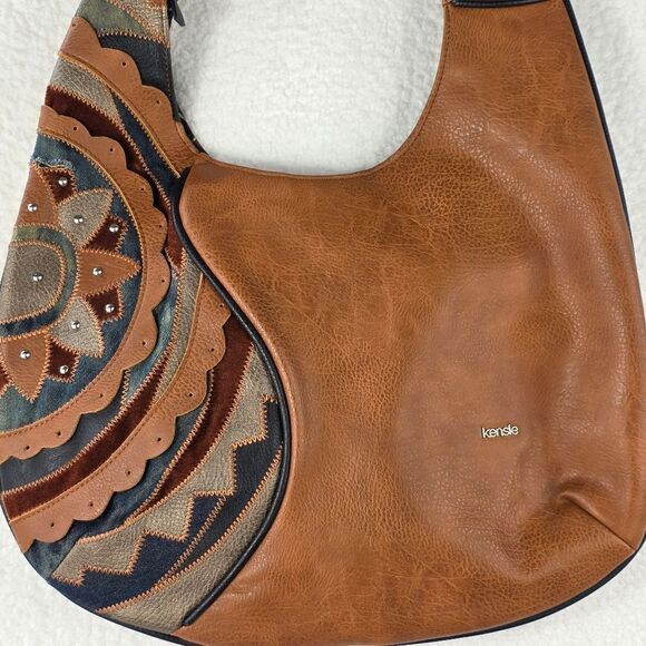 Kensie Hobo Purse Shoulder Bag Denim Patchwork Design Faux Brown Leather - Picture 12 of 17